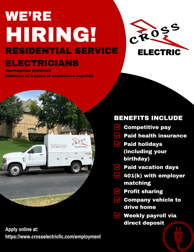 We are hiring! Apply with Cross Electric LLC today!