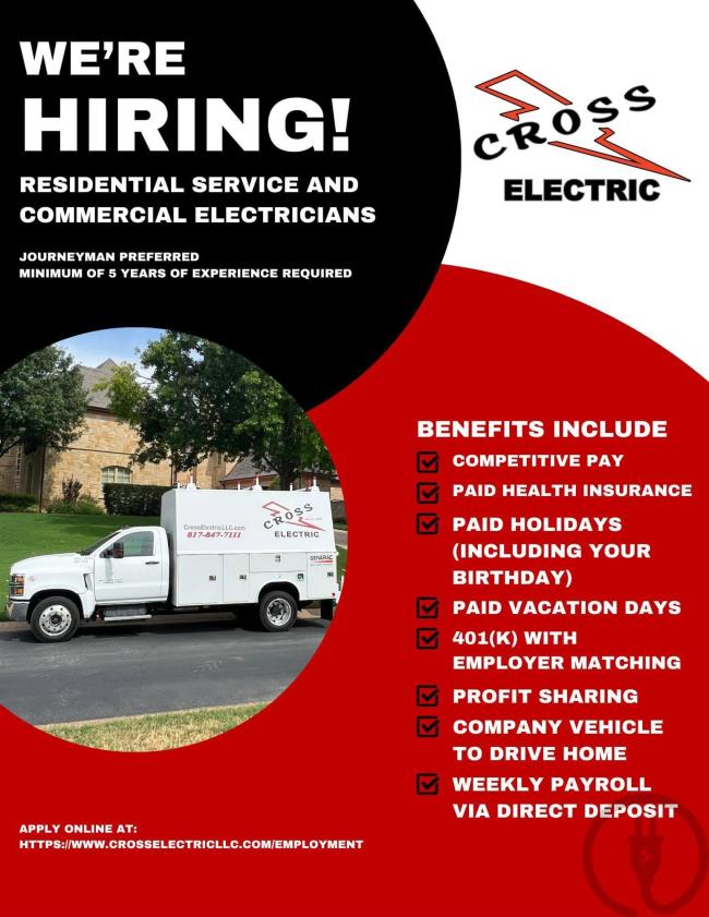 We are hiring! Apply with Cross Electric LLC today!