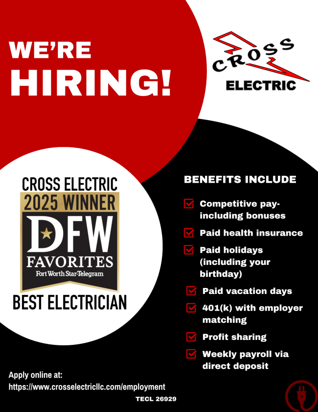 We are hiring! Apply with Cross Electric LLC today!